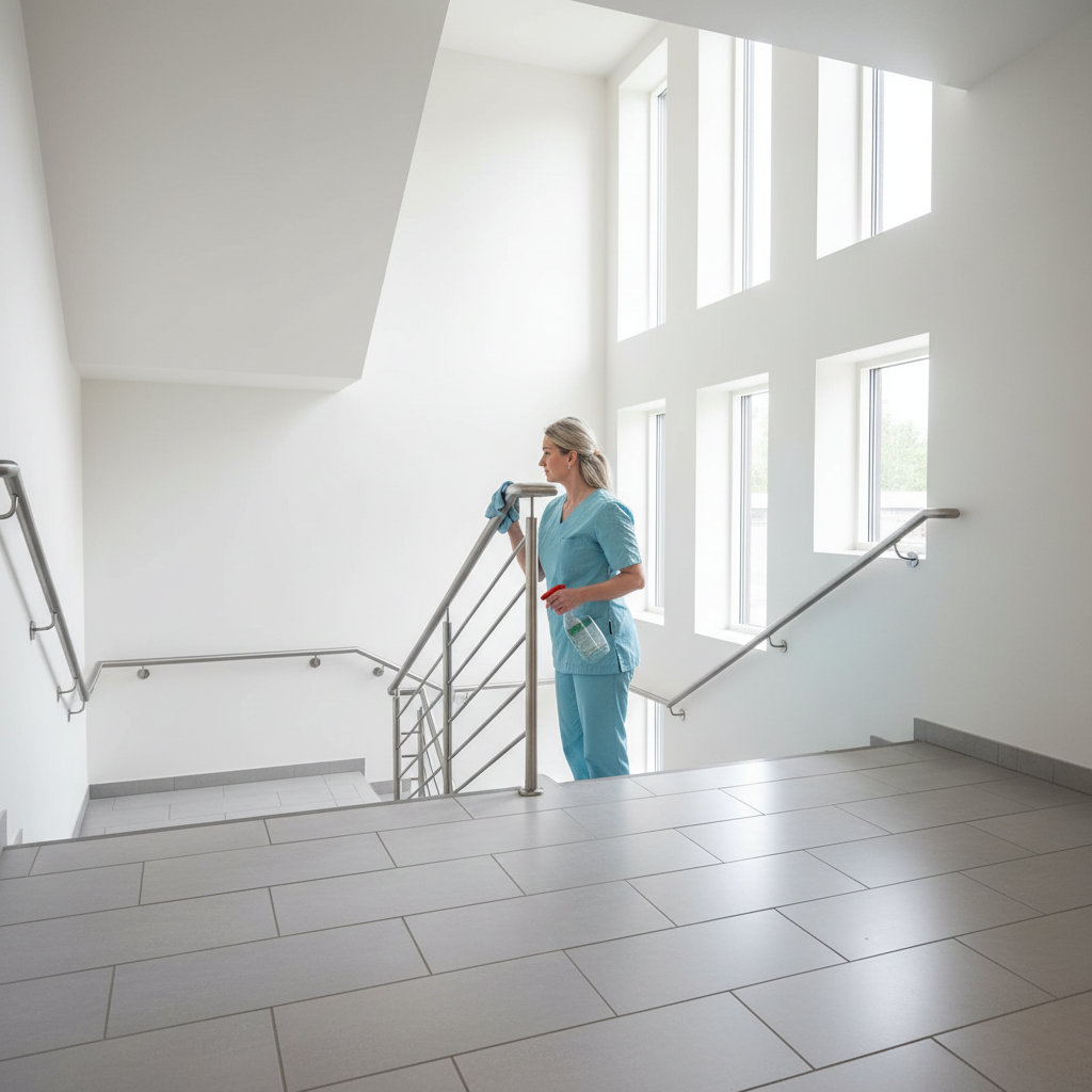 Porrassiivous Iisalmi - MonsaClean Oy yrittäjä pyyyhkimässä portaikon kaidetta