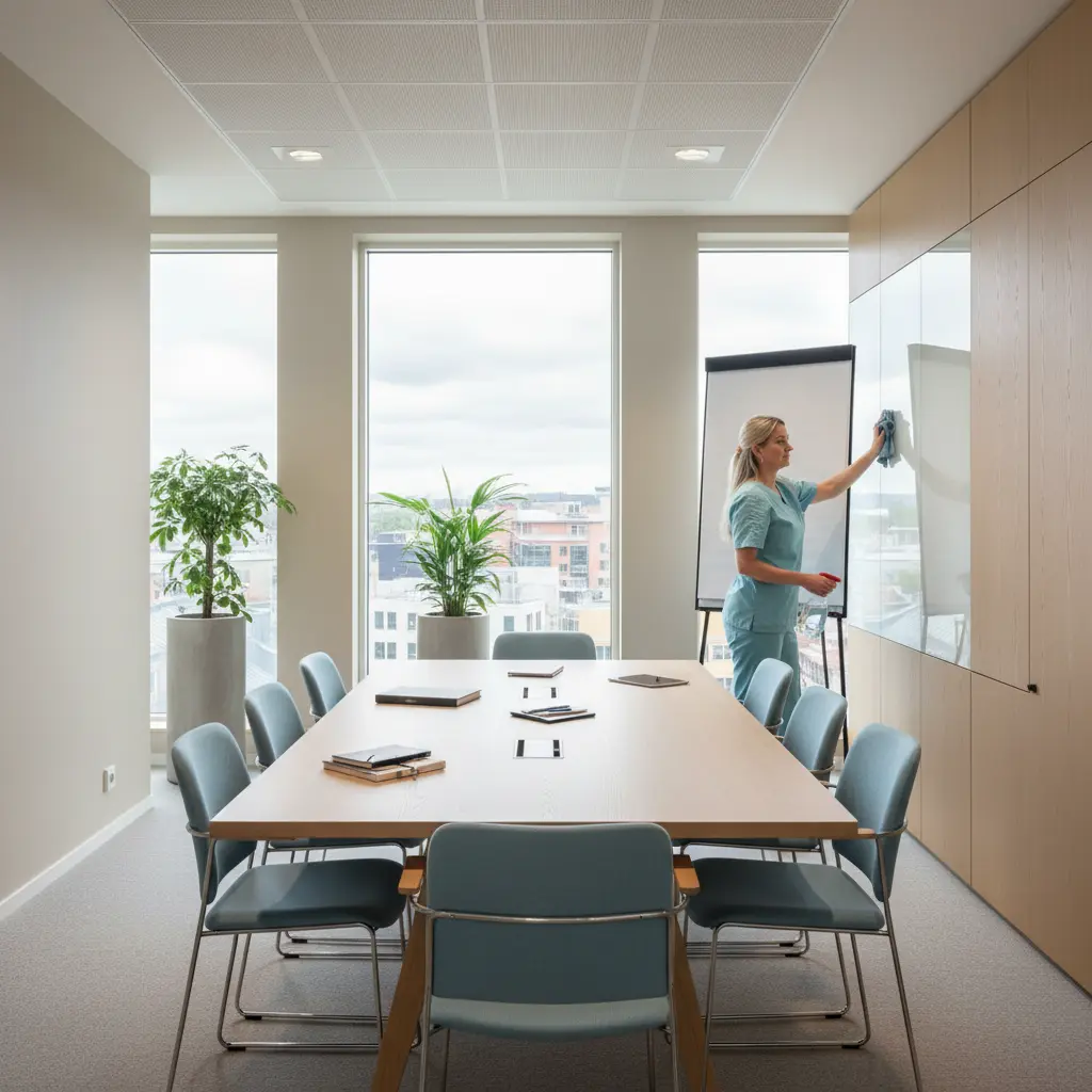 Toimistosiivous Iisalmi - Siivooja siivoaa toimistohuonetta