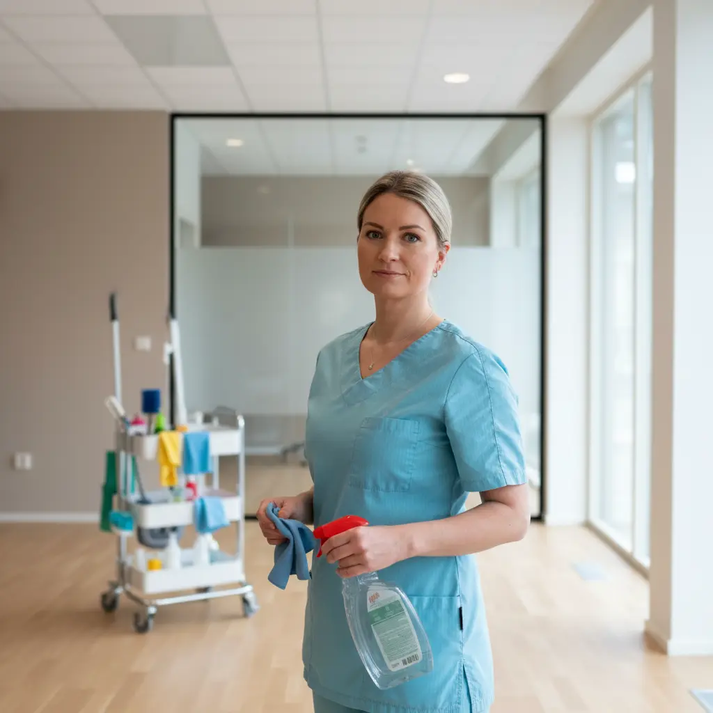 Siivooja toimistossa huolellisesti tehdyn työn päätteeksi Iisalmelaisessa toimistossa